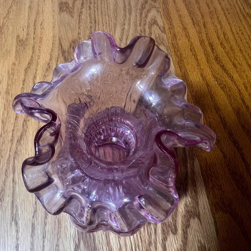 VTG Amethyst Glass Rose Bowl Vase Purple Ruffled Trumpet Vase Cottage bud vase